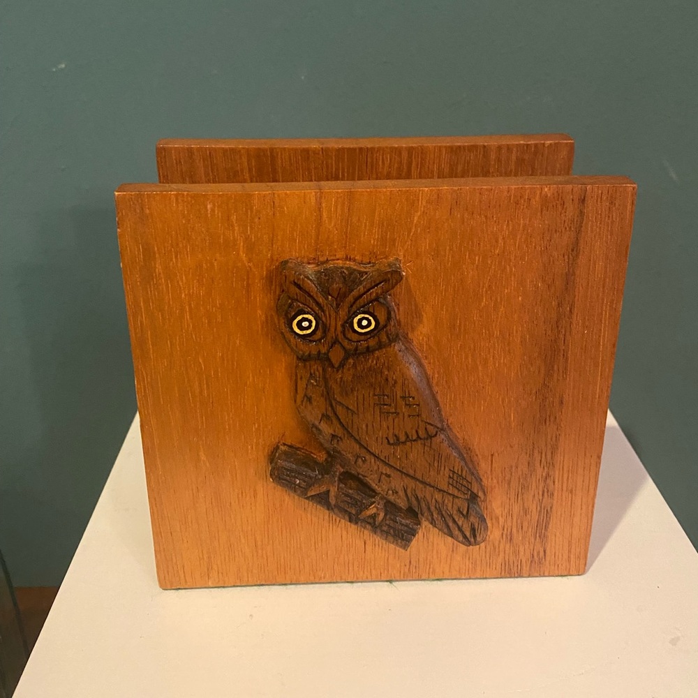 Vintage Kitschy Carved Wood Owl Napkin Holder / Mail Holder